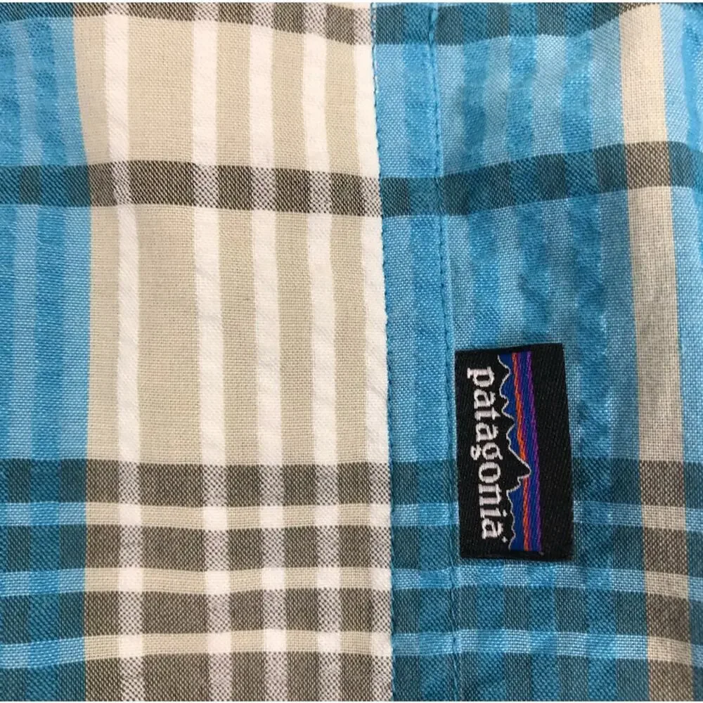 PATAGONIA Puckerware Plaid Short Sleeve Shirt Men M Blue Classic Crinkle Resort